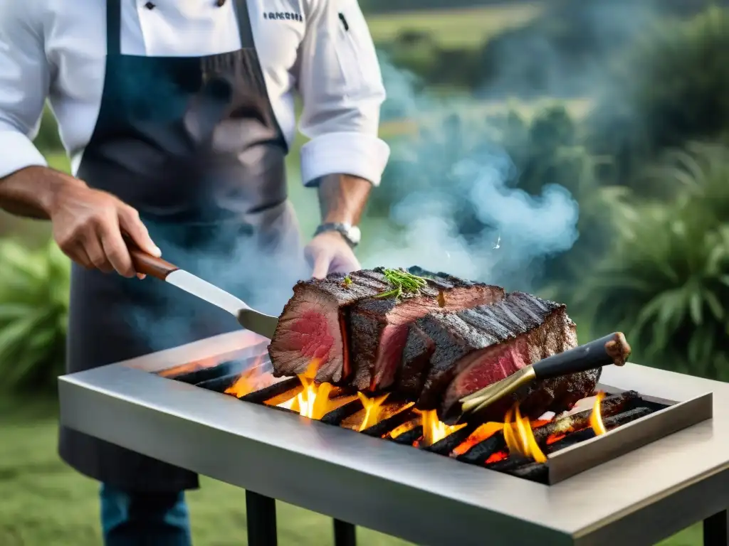 Un chef uruguayo experto preparando un asado de venado gourmet en parrilla, rodeado de exuberante naturaleza en Uruguay