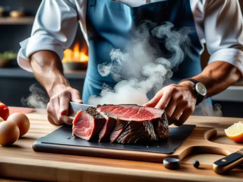 Un chef uruguayo experto corta con maestría un exquisito corte de carne, resaltando la marbling y técnica precisas de los icónicos cortes uruguayos