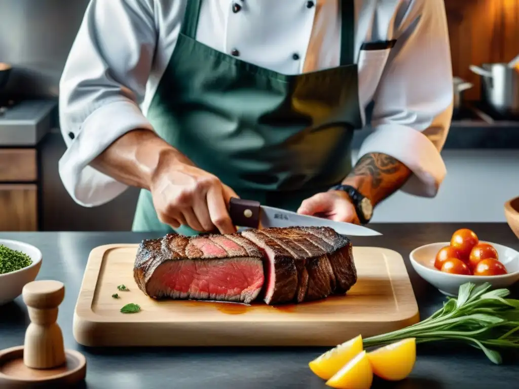 Un chef uruguayo experto cortando una riñonada jugosa, destacando la preparación de esta delicia culinaria en Uruguay