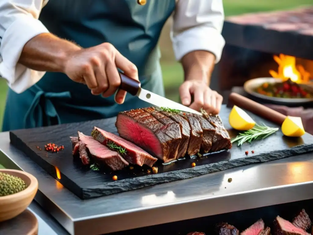 Chef uruguayo marina venado gourmet para asado en cocina al aire libre