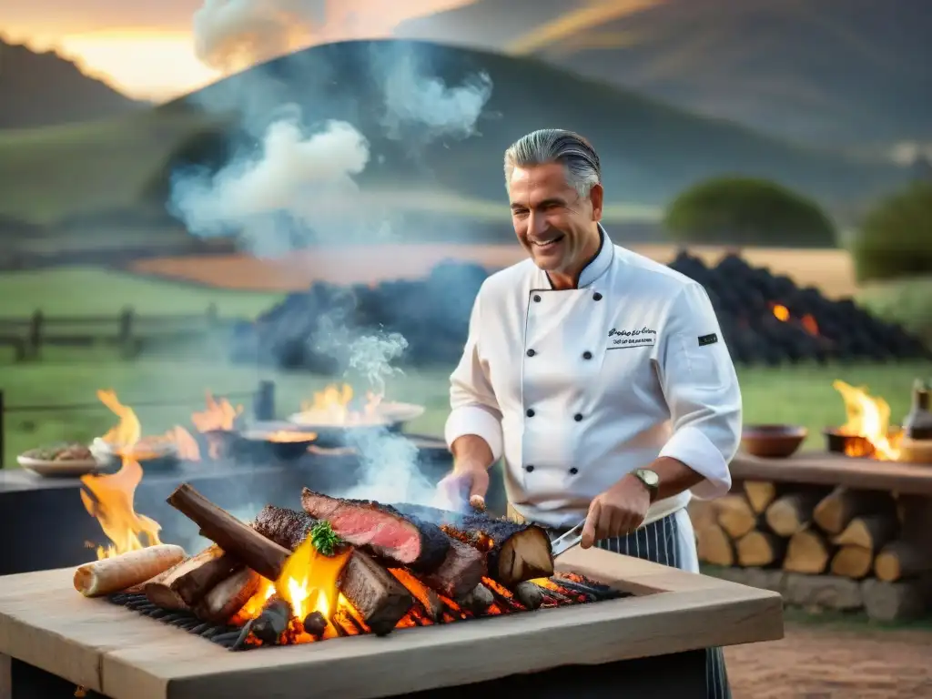 Un chef uruguayo legendario asando un tradicional asado en el campo