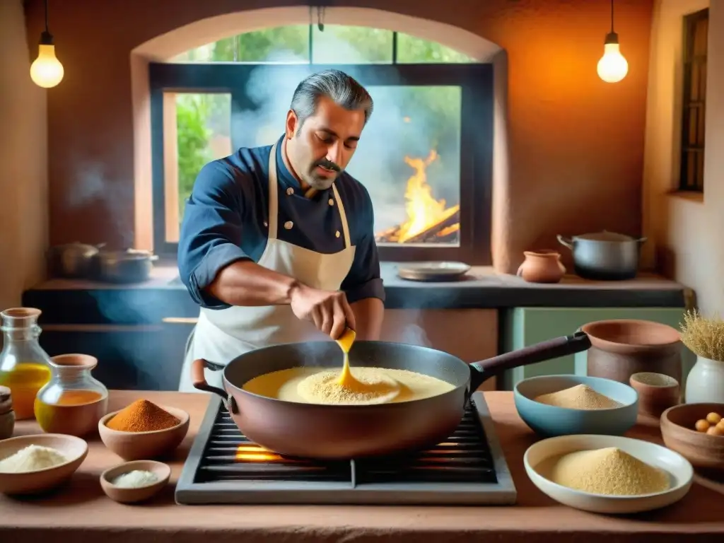 Chef uruguayo preparando receta de farinata en cocina tradicional, con ambiente cálido y rústico al atardecer