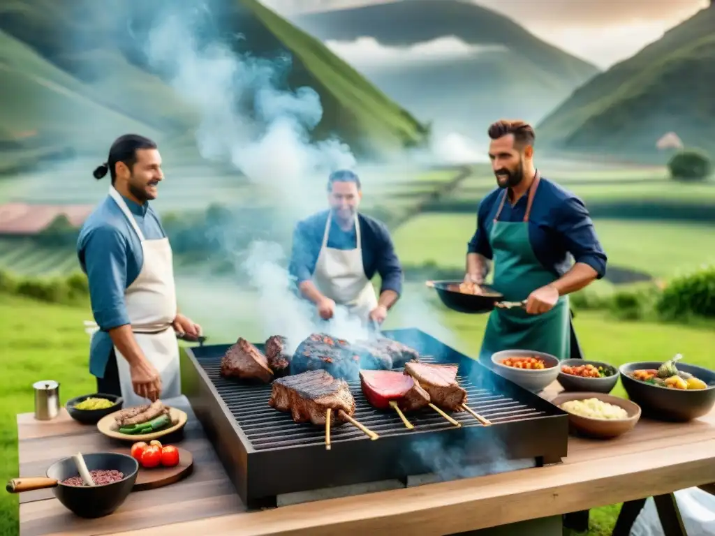 Chefs preparando asado de venado gourmet Uruguay en paisaje campestre