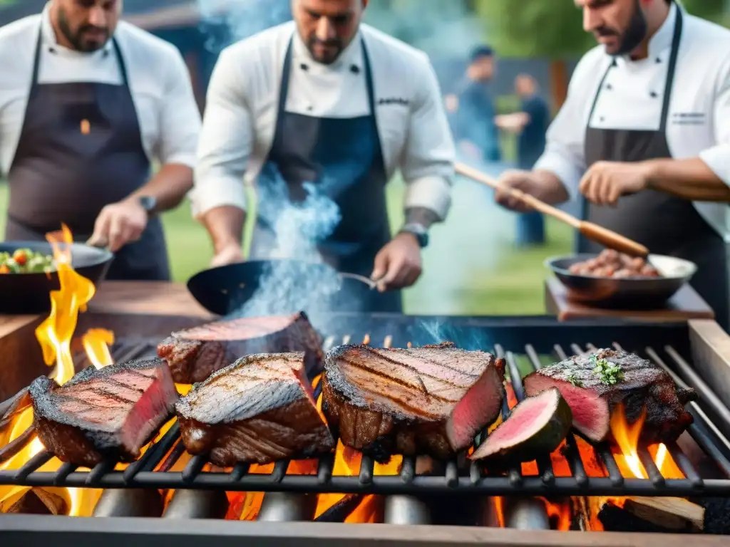 Chefs preparando asado uruguayo con carne de canguro en el campo