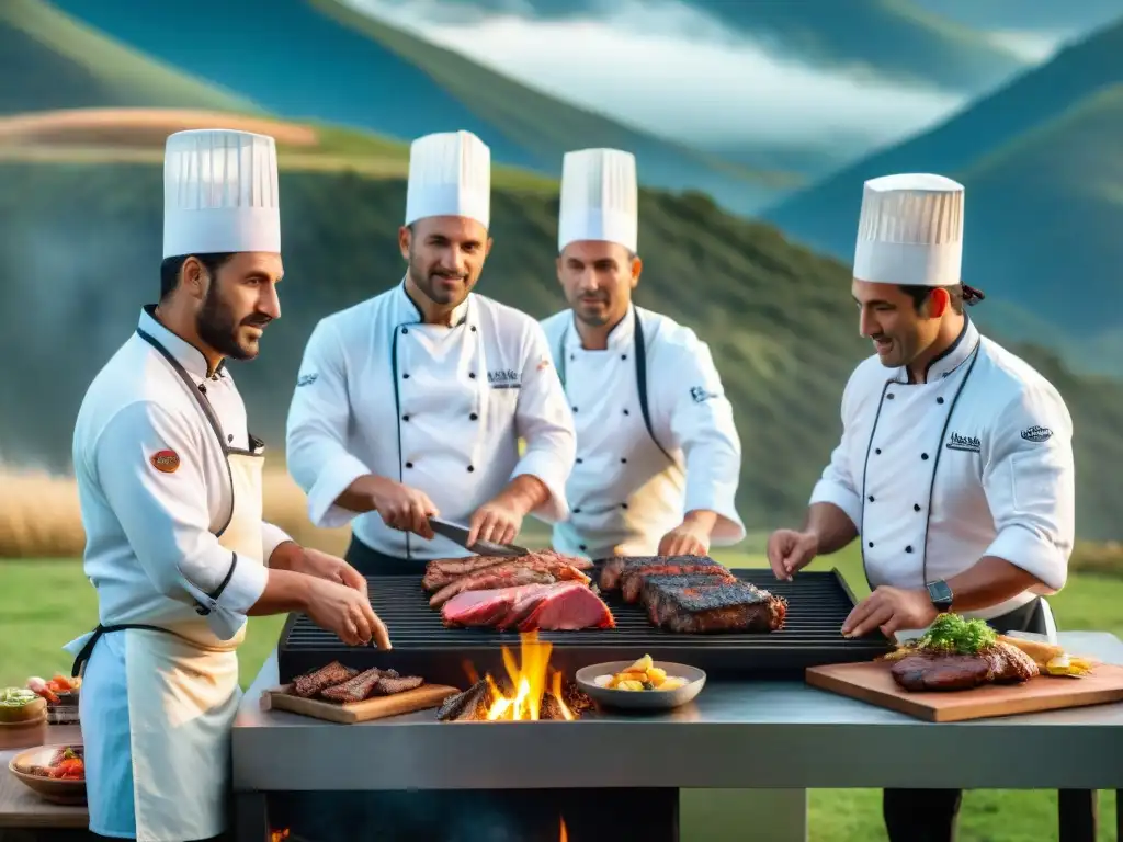 Chefs con Certificaciones en asado uruguayo maestría preparando cortes de carne en parrilla al aire libre, bajo cielo azul