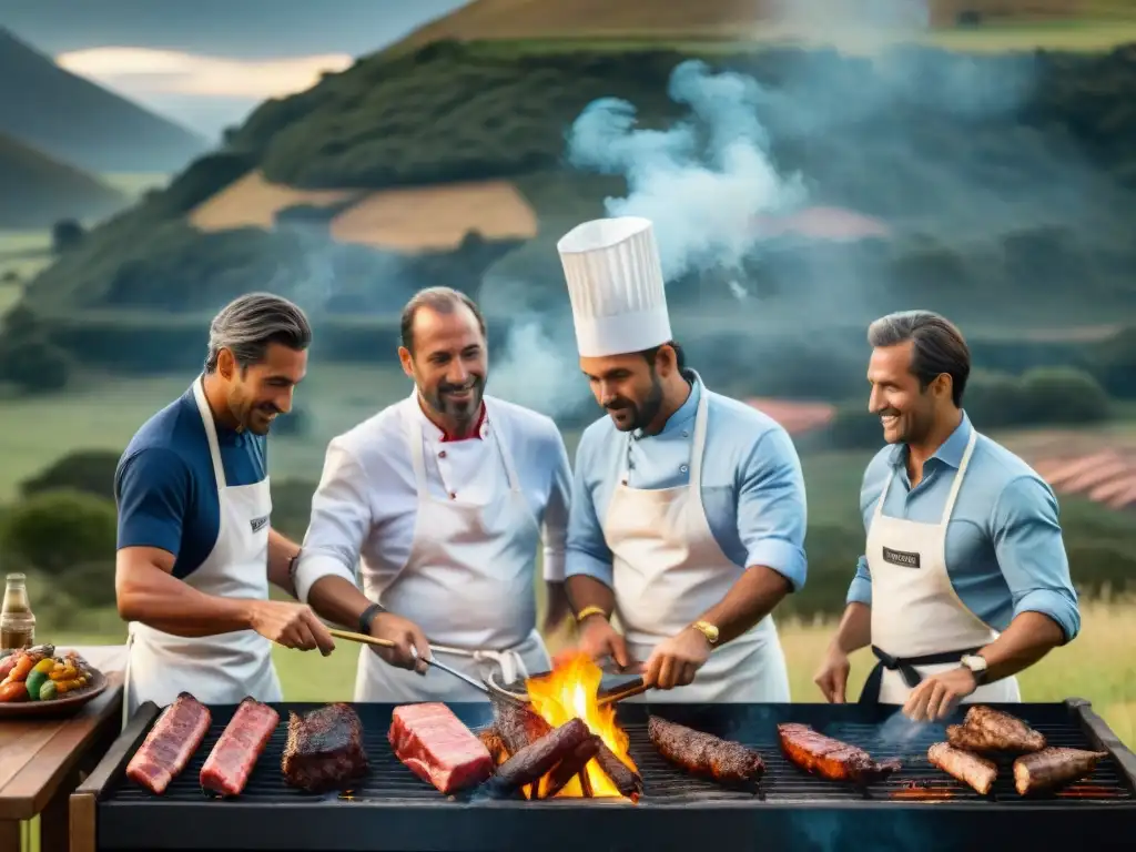 Chefs certificados en asado uruguayo preparan suculentas carnes a la parrilla en el campo