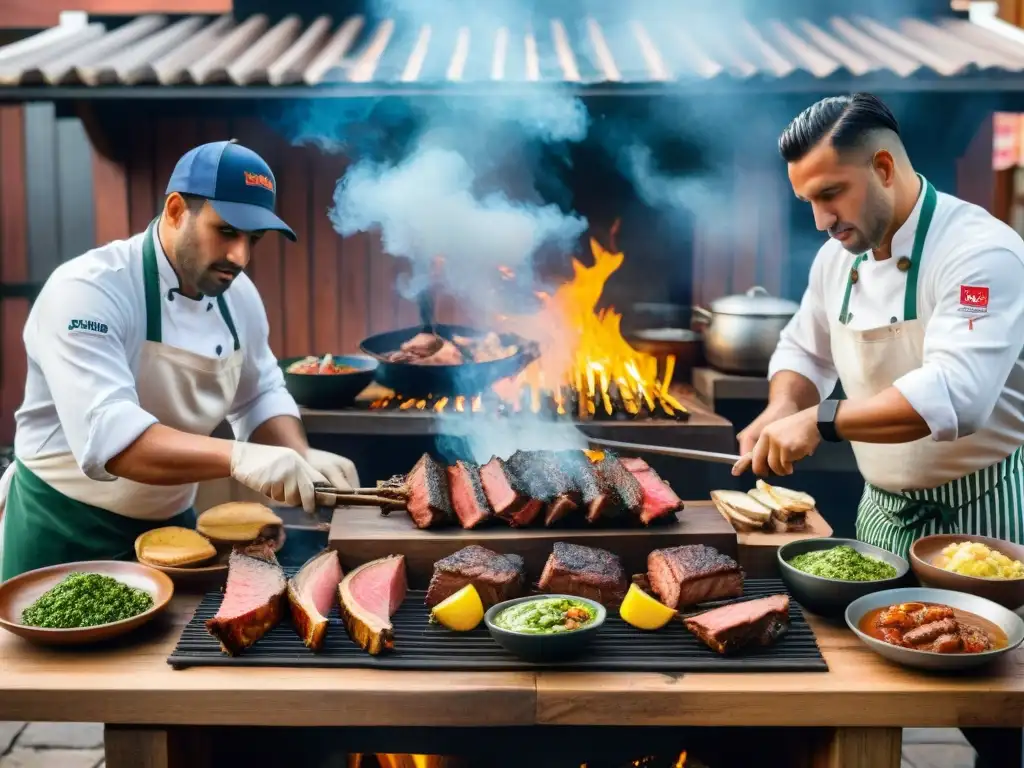 Chefs expertos preparando un asado uruguayo tradicional, envueltos en humo y aromas tentadores