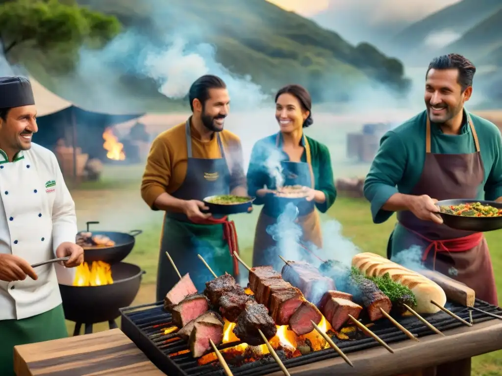 Chefs expertos en asado Uruguayo certificados profesionalmente, grillean carne con destreza en el campo