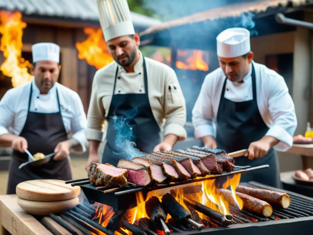 Chefs expertos certificados en asado uruguayo preparando cortes de carne a la parrilla en escena detallada