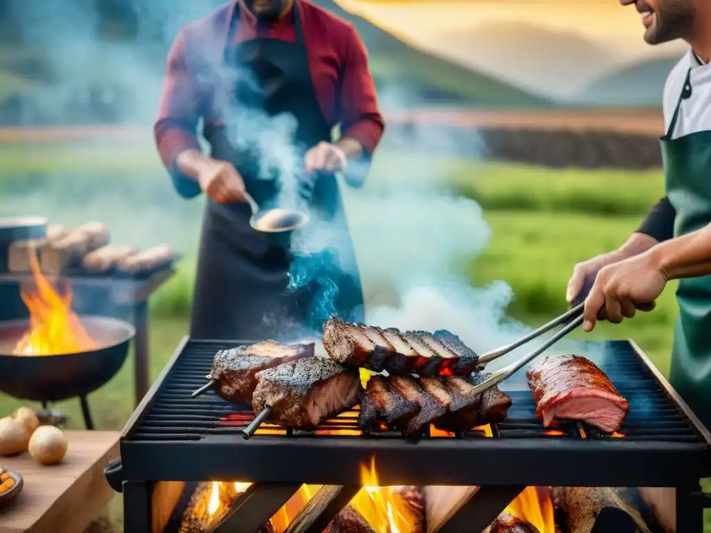 Chefs expertos asando tradicional asado uruguayo en campo verde