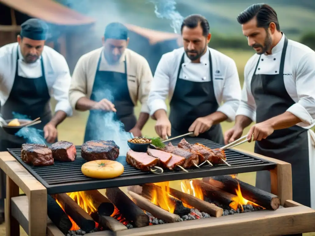 Chefs expertos en trajes tradicionales uruguayos preparan asado con maestría en el campo