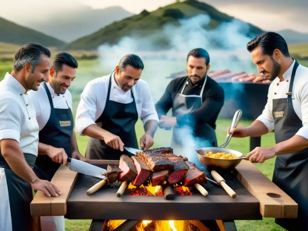 Chefs uruguayos certificados preparando asado en el campo