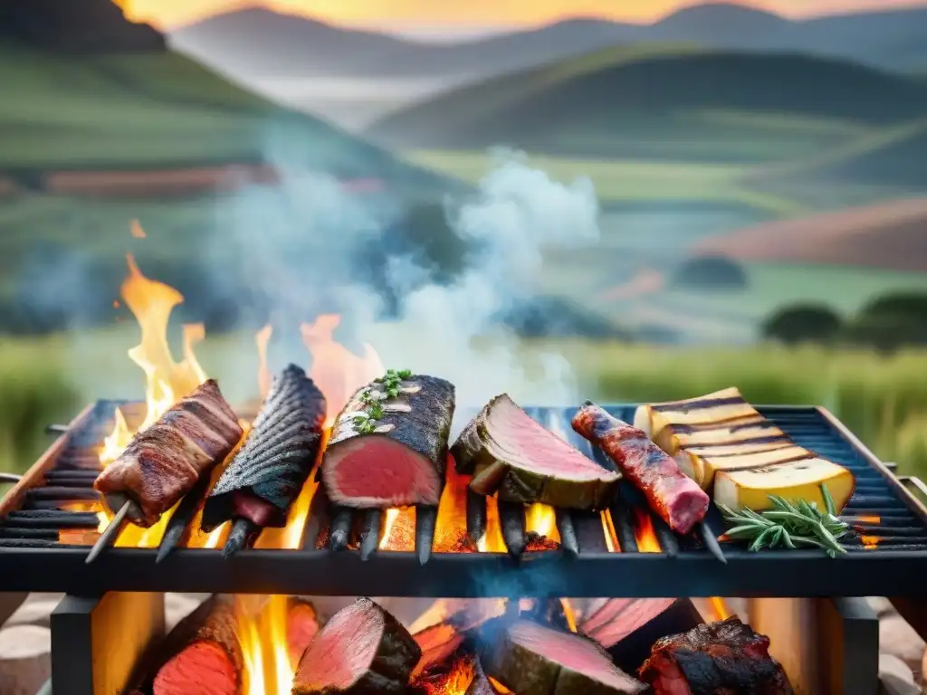 Chefs uruguayos expertos asando carne en un tradicional fogón de asado, mostrando los Secretos del asado uruguayo perfecto