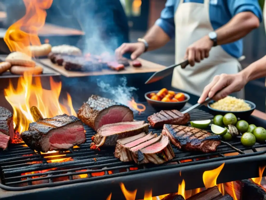 Chefs uruguayos expertos asando carne a la parrilla en un asado tradicional