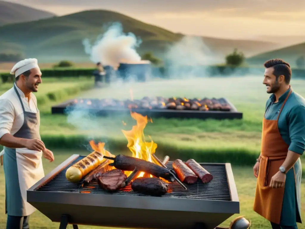 Chefs uruguayos innovadores preparando un asado con energías alternativas en un hermoso paisaje campestre al atardecer