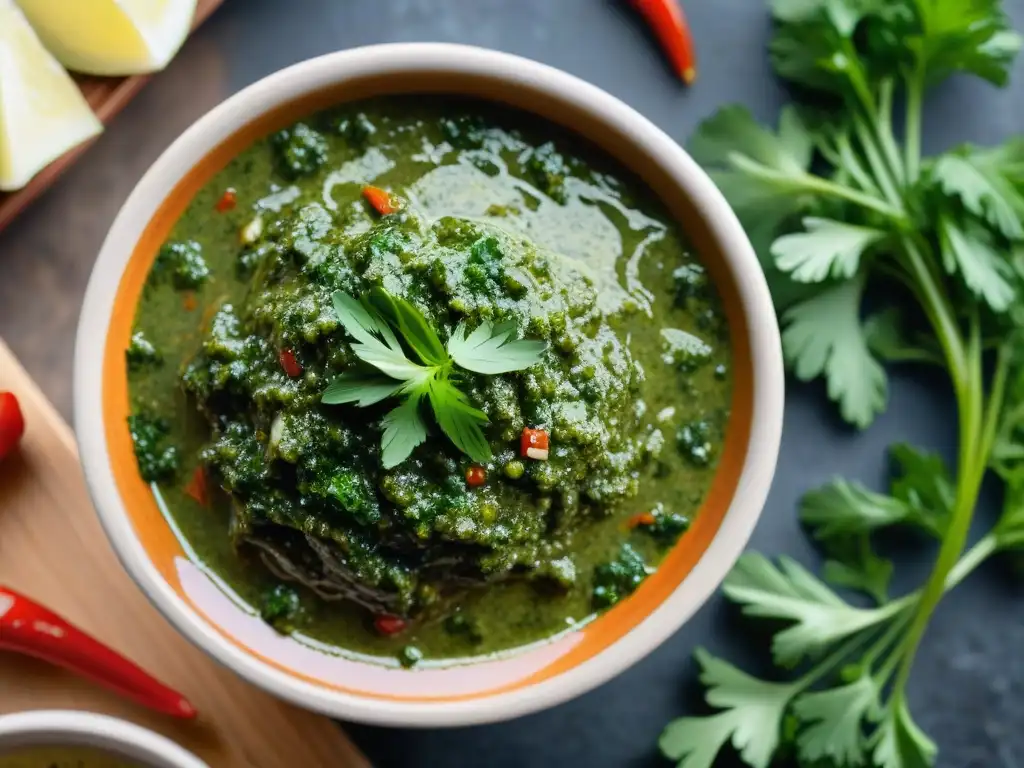 Chimichurri uruguayo auténtico en un bol tradicional: salsa verde vibrante con ajo, cebolla y hierbas, ideal para la receta