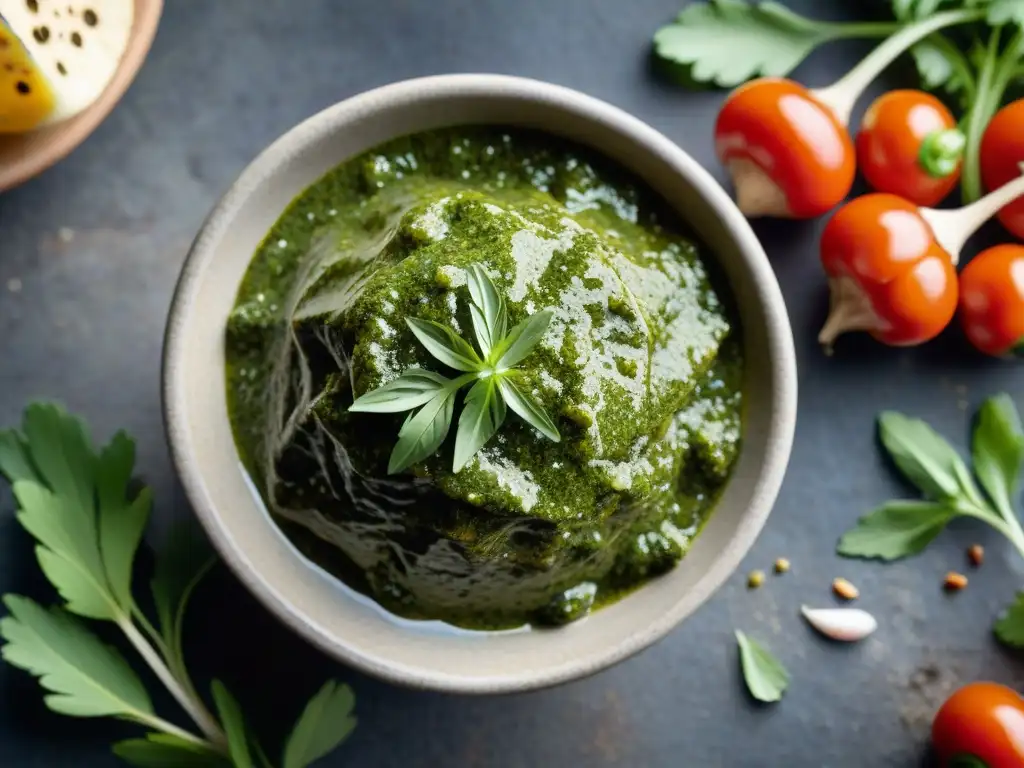 Chimichurri uruguayo auténtico en molcajete, con hierbas frescas y ajo