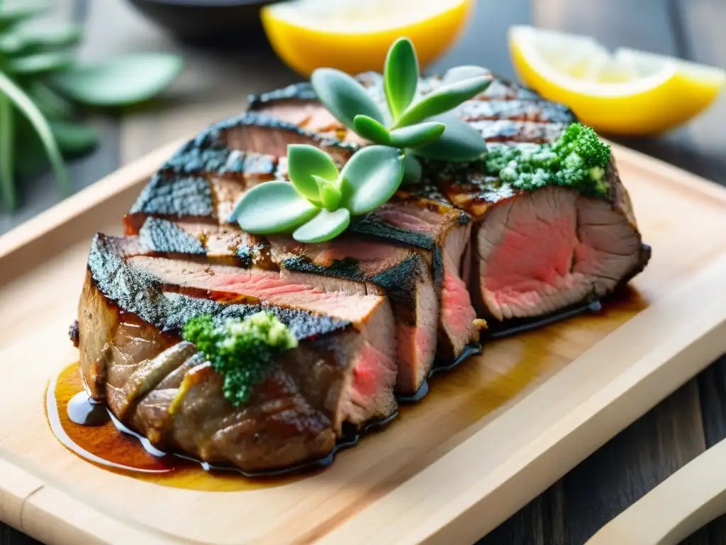 Deléitate con un chivito a la parrilla perfectamente cocido, acompañado de chimichurri