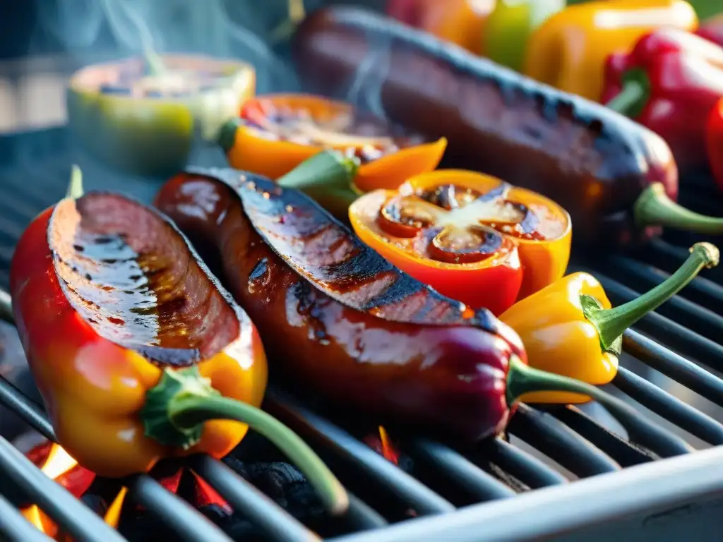 Chorizo asado humeante con vegetales, en parrilla