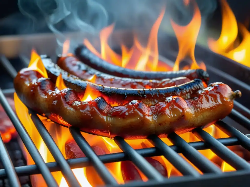 Un chorizo parrillero jugoso y humeante en la parrilla, con aroma tentador y sabrosas marcas de grill