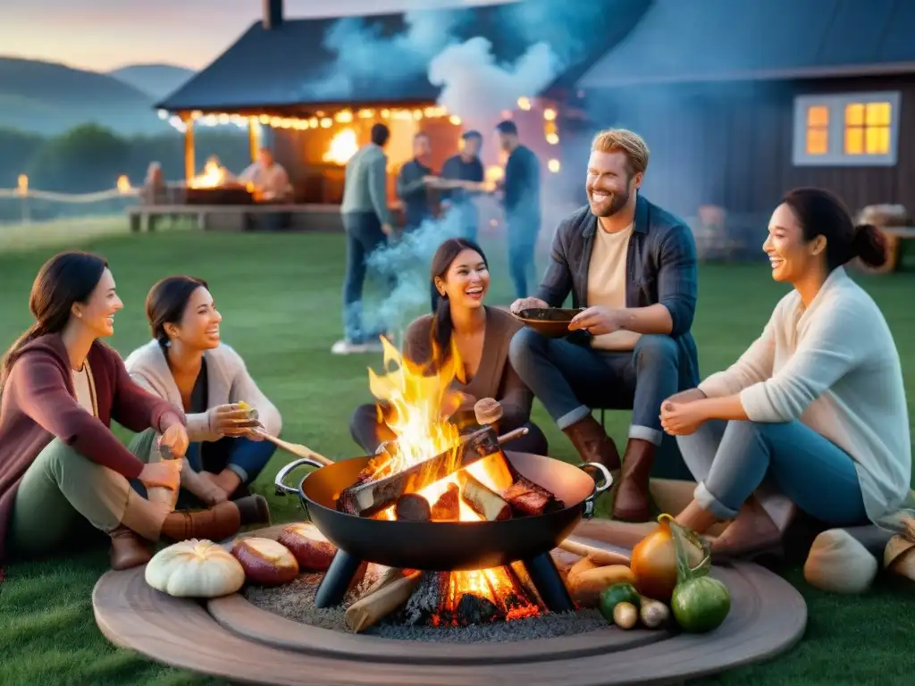 Un círculo de amigos y familiares disfrutan de un asado nocturno bajo las estrellas alrededor de una fogata crepitante