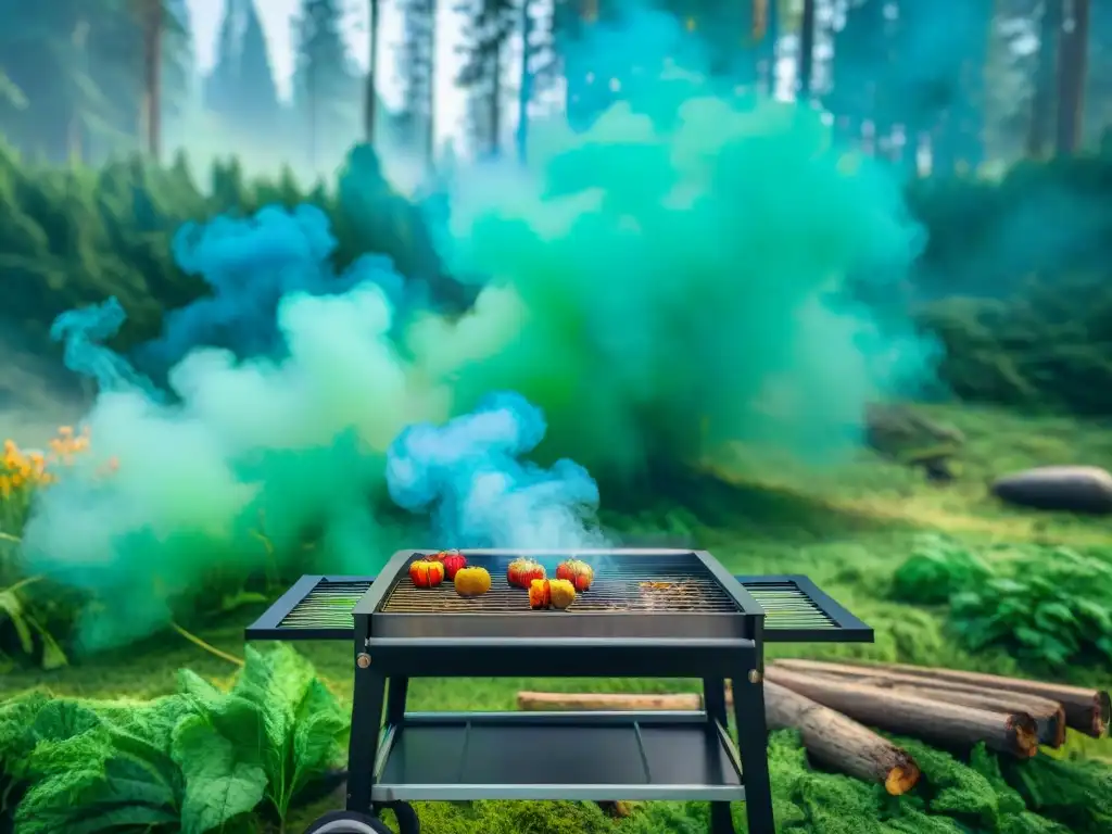 Parrillada ecofriendly en bosque: comunidad y naturaleza Un claro de bosque vibrante con una barbacoa ecológica en el centro y personas felices, disfrutando de una experiencia culinaria sostenible