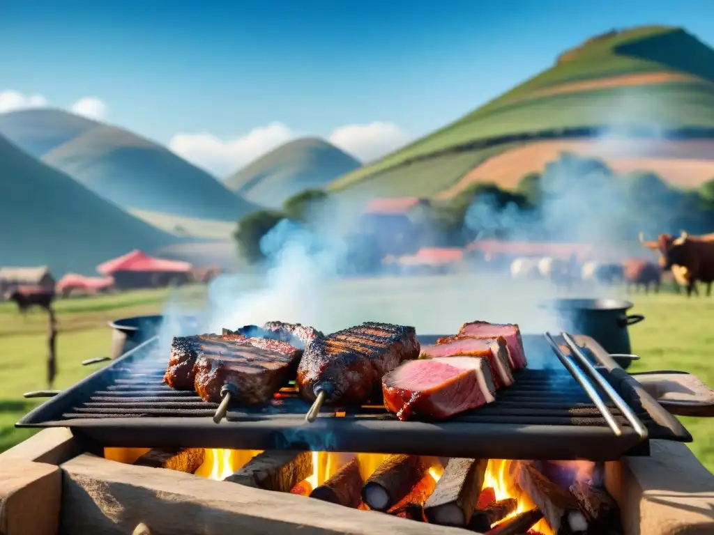 Cocina uruguaya: gauchos preparan un asado tradicional mientras el paisaje campestre evoca la historia y evolución gastronómica