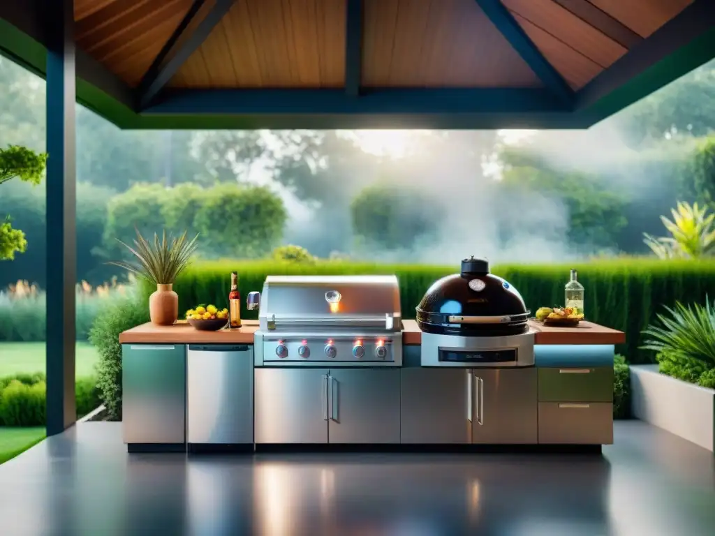 Una cocina exterior futurista con parrillas de última generación, accesorios modernos y diseño elegante en un jardín exuberante