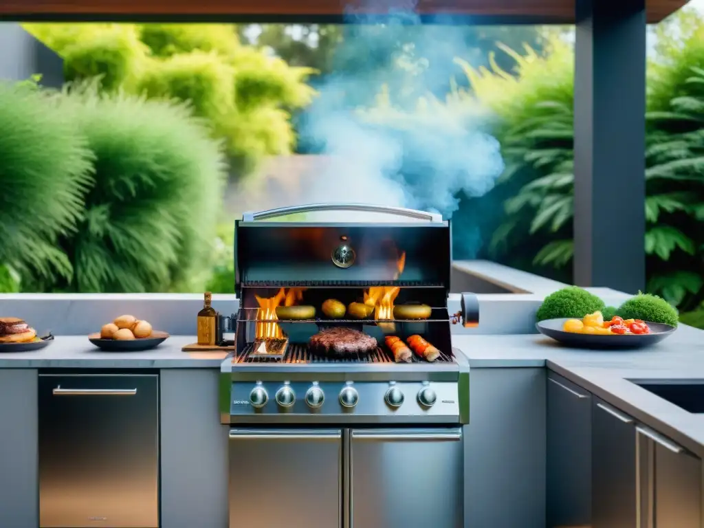 Una cocina exterior de lujo con parrilla de alta tecnología rodeada de elegantes gabinetes de acero inoxidable y exuberante vegetación