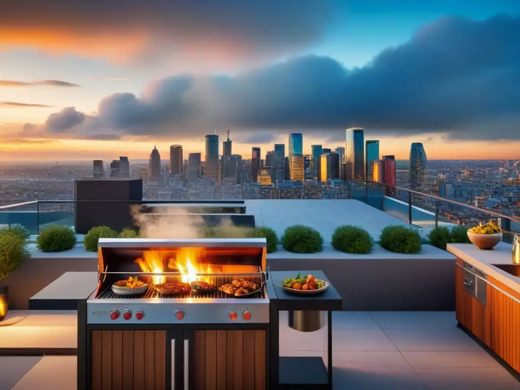 Una cocina exterior moderna y elegante con parrilla vanguardista en una terraza de lujo con una vista urbana al atardecer