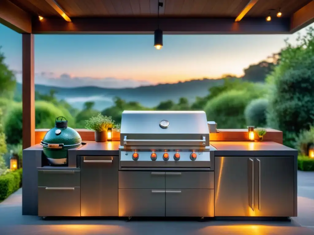 Cocina exterior moderna con parrilla incorporada y herramientas de acero inoxidable organizadas, rodeada de vegetación con luces al atardecer