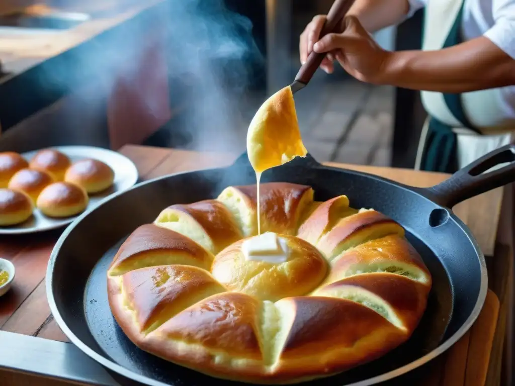 Un cocinero experto fríe tortas fritas doradas en una cocina tradicional uruguaya