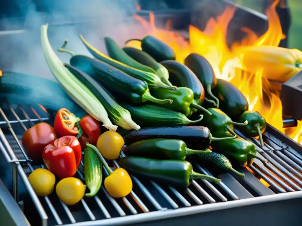 Una colorida parrillada de vegetales de estación asándose en la barbacoa bajo un cálido atardecer de verano