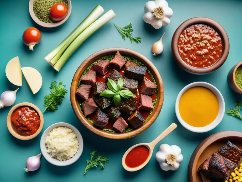 Una colorida variedad de salsas para asado uruguayo en auténticos recipientes de cerámica, rodeando un chimichurri en un cuenco de madera rústica