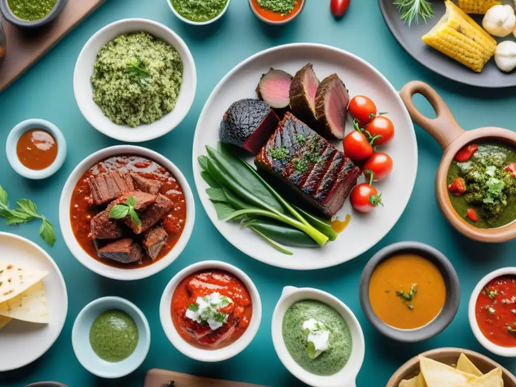 Una colorida variedad de salsas uruguayas para asado mundial en cuencos vibrantes, sobre una mesa rústica al aire libre