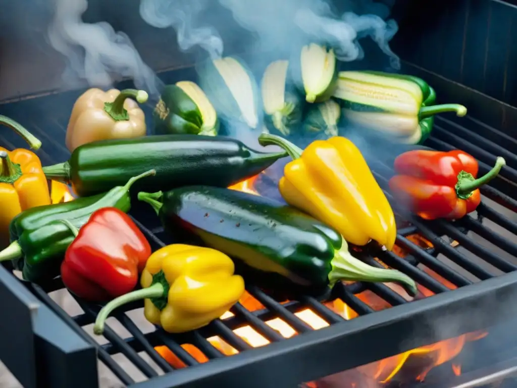 Coloridas guarniciones de legumbres para asado en la parrilla, con vegetales brillantes y humeantes en marinada sabrosa