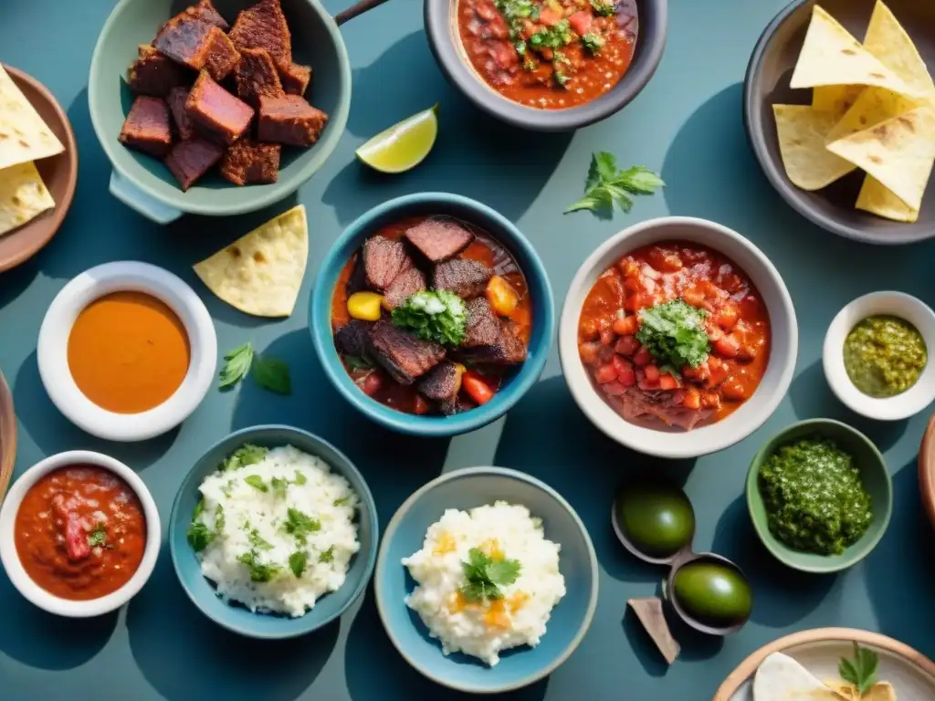 Coloridas salsas para asado uruguayo en cerámica, junto a una parrilla tradicional y carnes al fuego