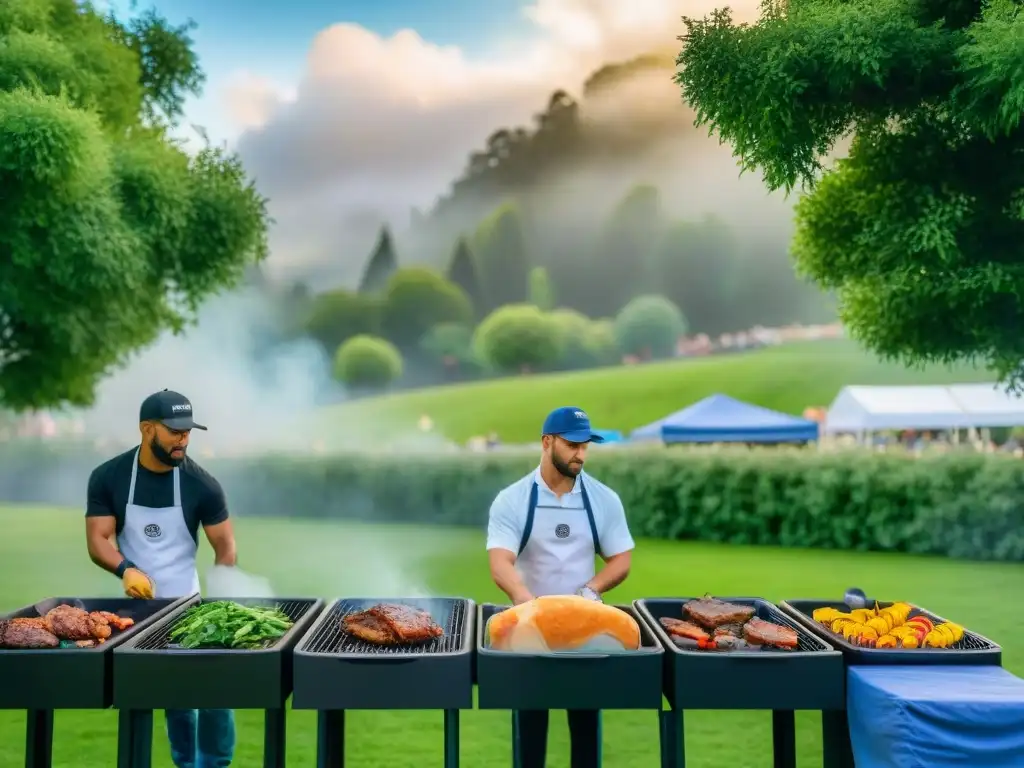 Competencia de barbacoa al aire libre con chefs sostenibles, asistentes y estaciones de reciclaje