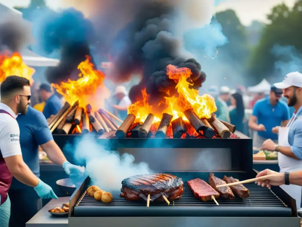 Competencia de asado al aire libre con equipos preparando platos frente a jueces