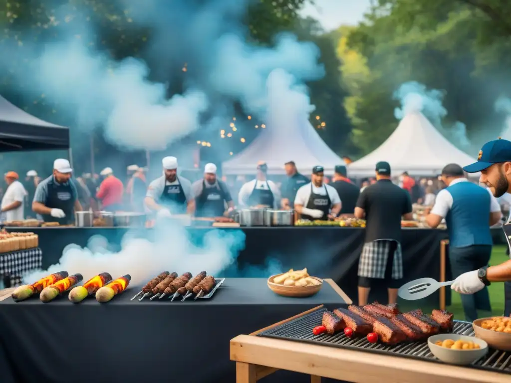 Una competencia de asado al aire libre con equipos mostrando parrillas, humo, degustaciones y patrocinadores