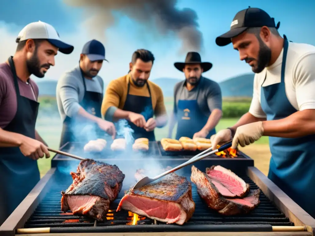 Competencia de asado uruguayo en el campo: expertos parrilleros, espectadores y humo de carne a la parrilla