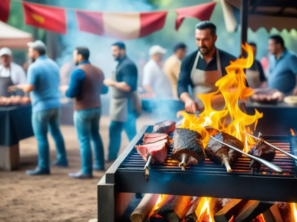 Competencia de asado uruguayo con chefs expertos y espectadores emocionados