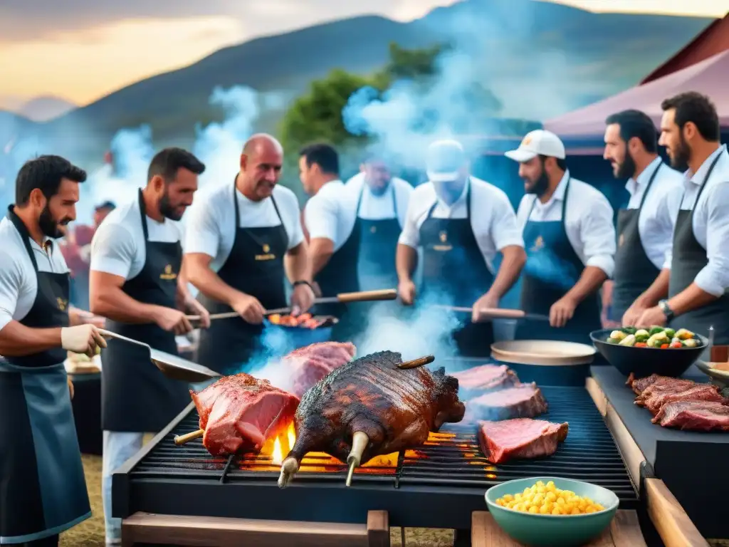 Competencia de asado uruguayo: expertos grillmasters compiten con maestría en vibrante festival al aire libre al atardecer