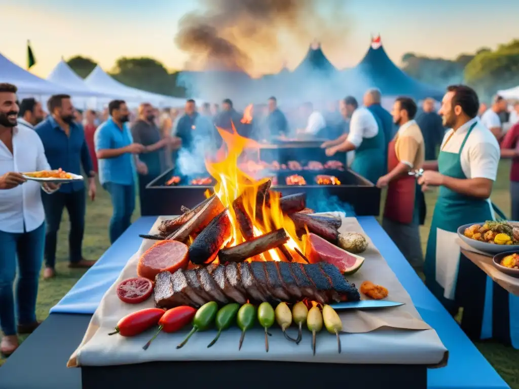 Competencia de asado uruguayo patrocinada en vibrante escena al aire libre, con chefs y multitud disfrutando