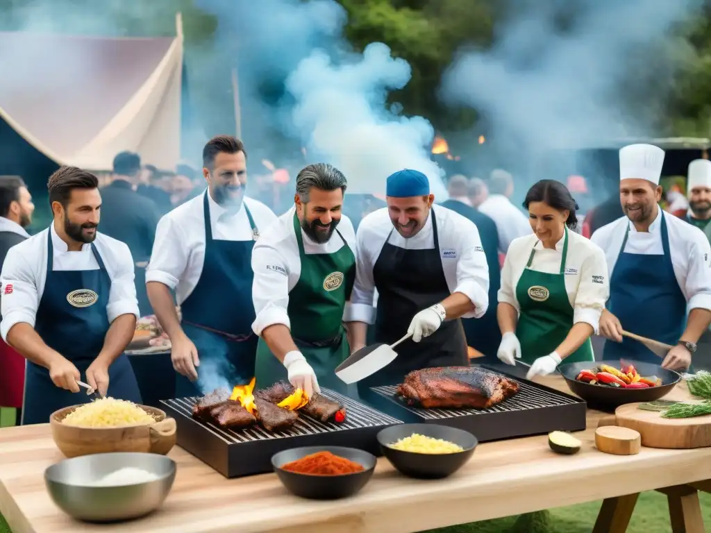 Competencia de asado uruguayo con patrocinio: Grillmasters preparan asado tradicional con pasión en vibrante evento al aire libre