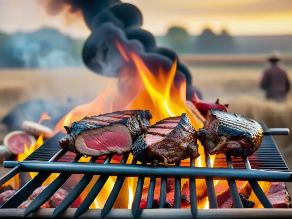 Competencia de Asado Uruguayo Tradicional en el campo al atardecer dorado, gauchos y carne en la parrilla