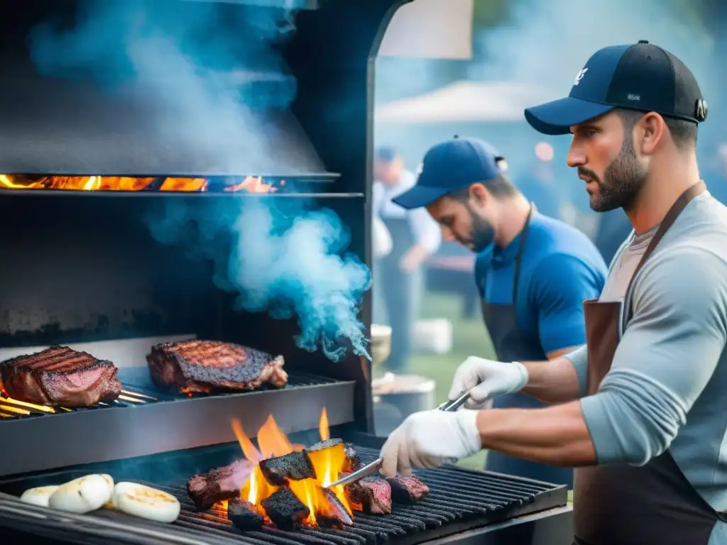 Competencia de asadores: maestros del asado en acción, preparando sus creaciones con destreza en un concurrido evento