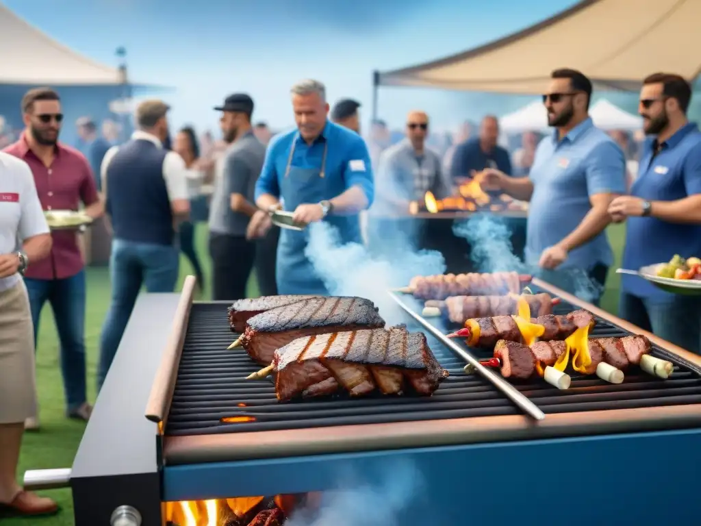 Competencia de BBQ al aire libre con equipos asando carnes sobre llamas, jueces degustando platos y espectadores emocionados bajo un cielo azul