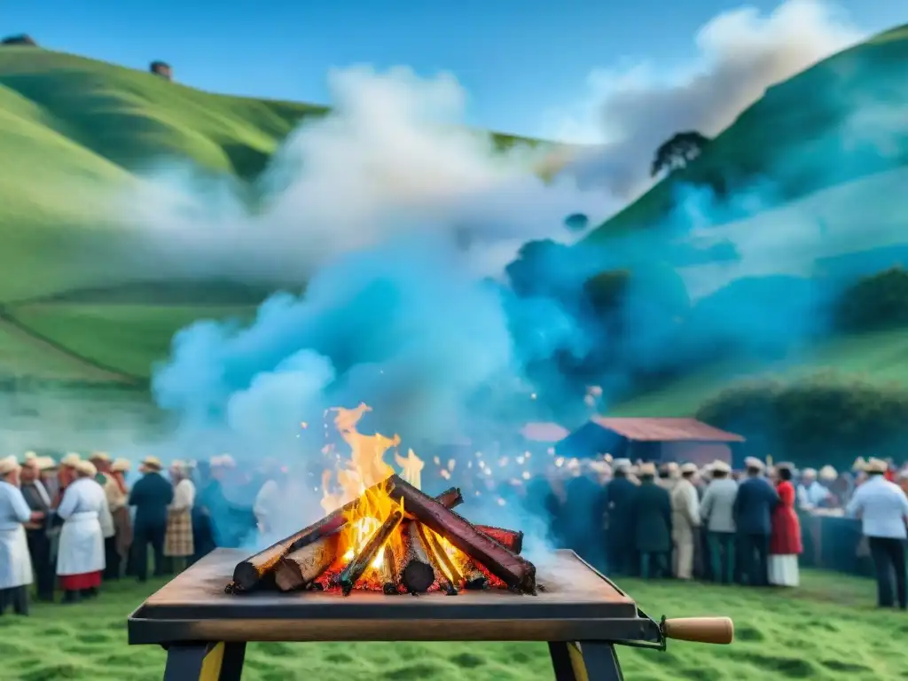 Competencias de asado uruguayo patrocinadas en un vibrante escenario al aire libre con chefs expertos y espectadores emocionados