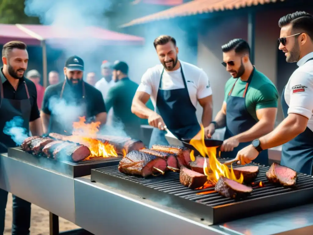 Competencias de asado uruguayo patrocinadas: Asadores apasionados compiten en vibrante evento, rodeados de humo y llamas, ante una multitud emocionada